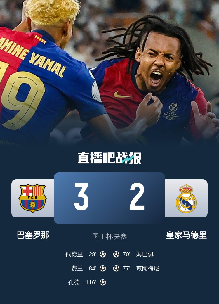 必赢娱乐-格局，皇马官推发文：祝贺巴萨夺得2025年国王杯冠军